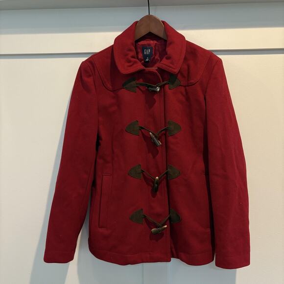 Gap Duffle Coat Womens Medium Red Wool Blend Toggle Lined Suede Trim Pockets - Picture 1 of 15